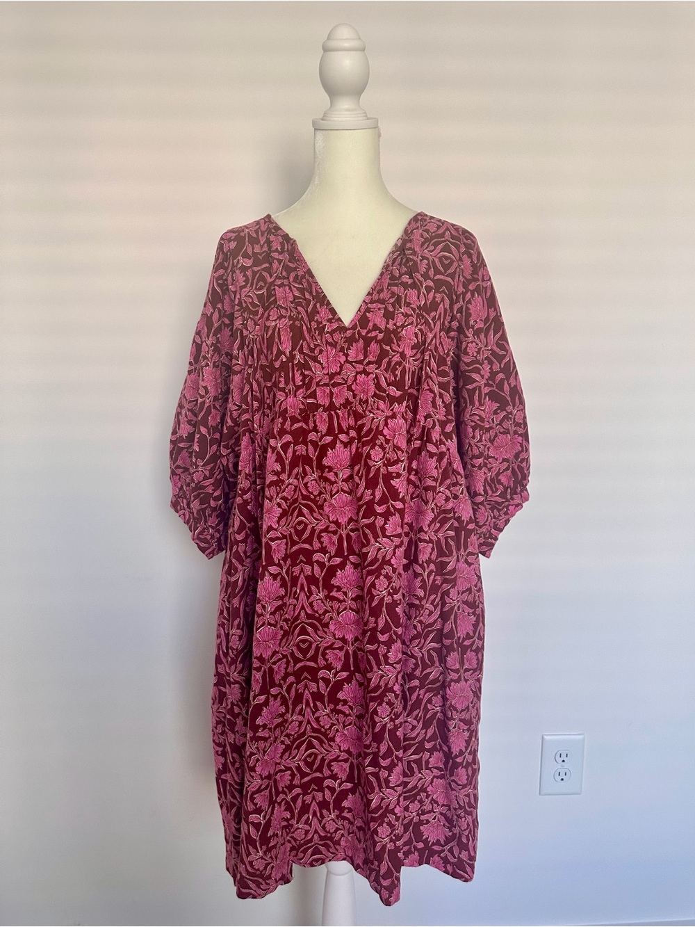 Burgundy Pink Floral Block Print Puff Sleeve Midi Dress